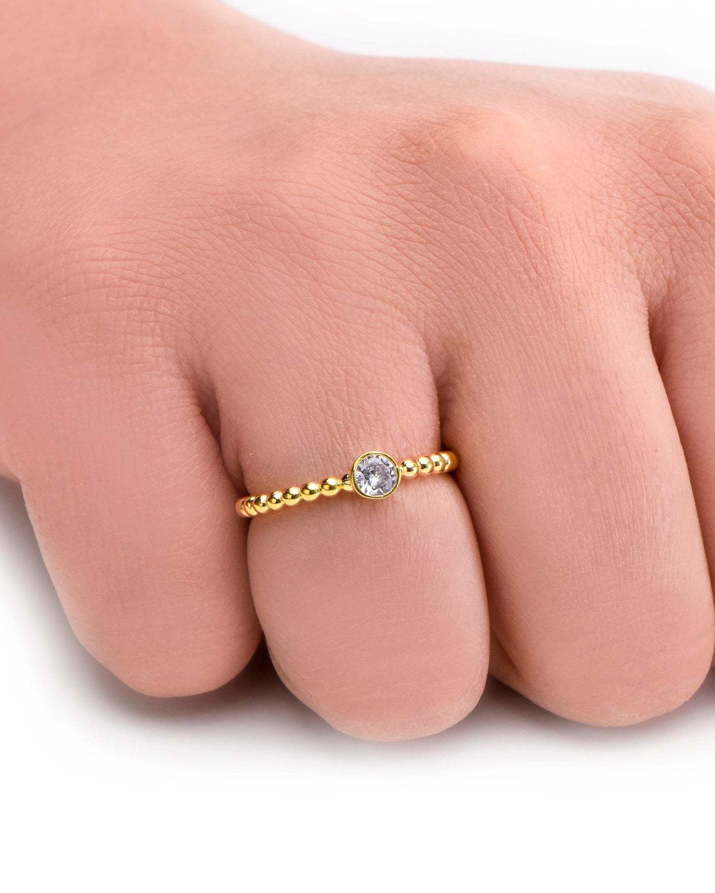 14K Gold Minimal Beaded Ring with 0.10ct Diamond – Dainty Solitaire Ball Band Ring
