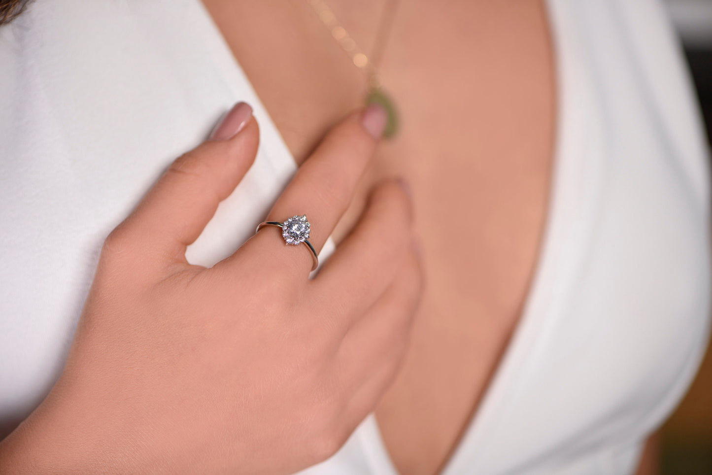 Halo Diamond Engagement Ring – 14K White Gold, 1.10ct, Customizable Stone, Handmade Dainty Ring