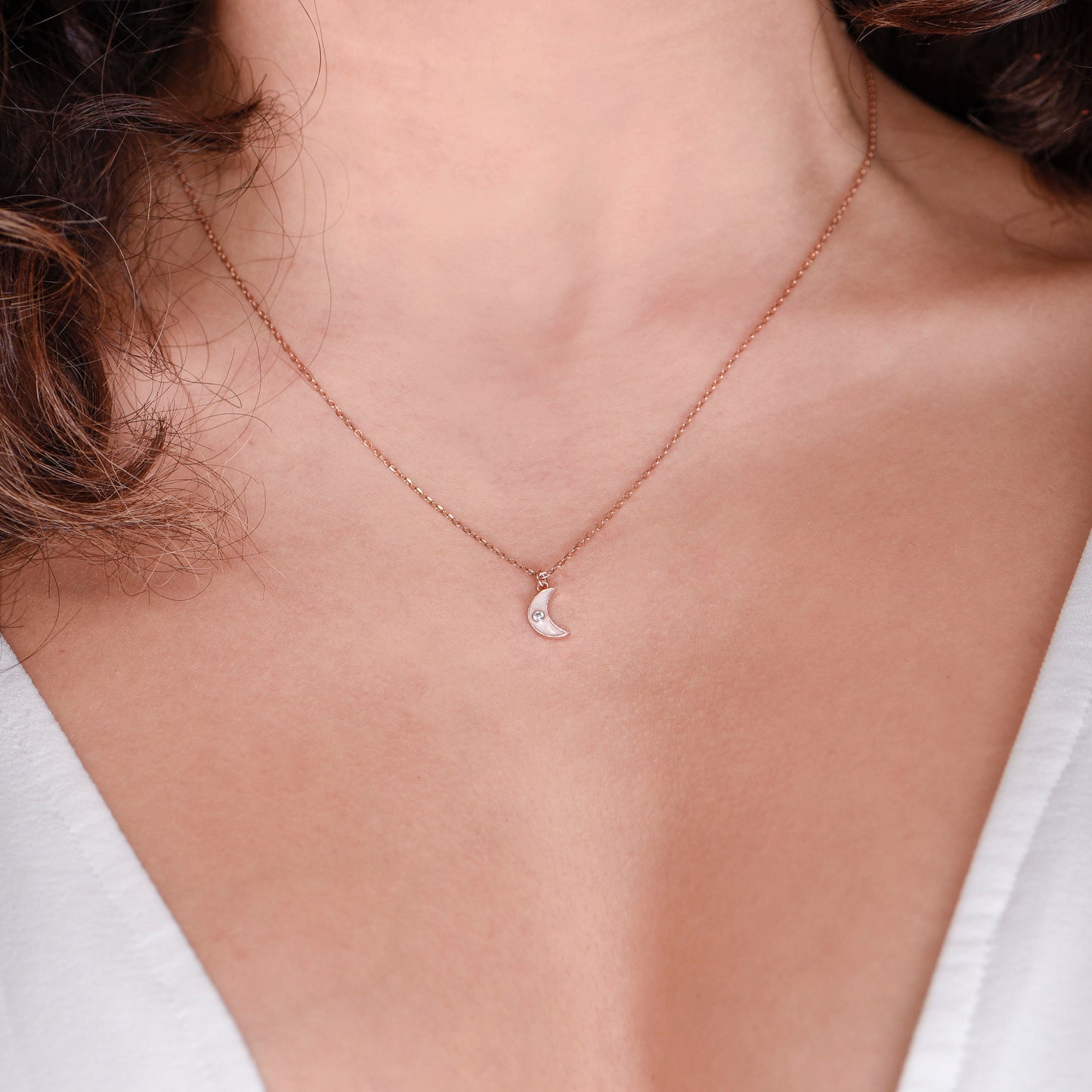 Moon Necklace,Tiny Solid Gold Moon Necklace with Shimmering Diamonds and Enamel Accent,Dainty Crescent Necklace,Christmas Gift Necklace