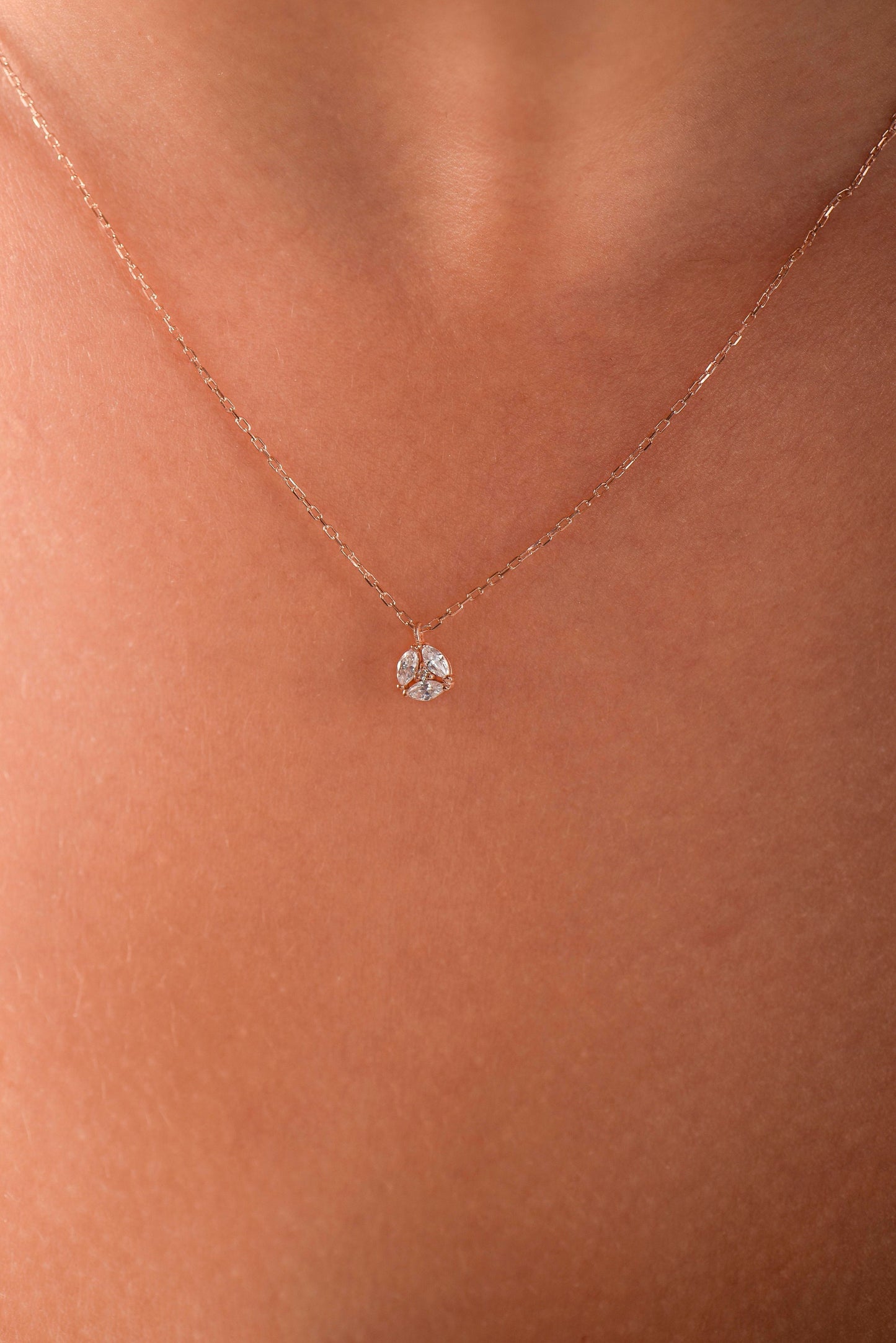 14K Rose Gold White Sapphire Necklace - Marquise Cut Cluster Pendant for Her