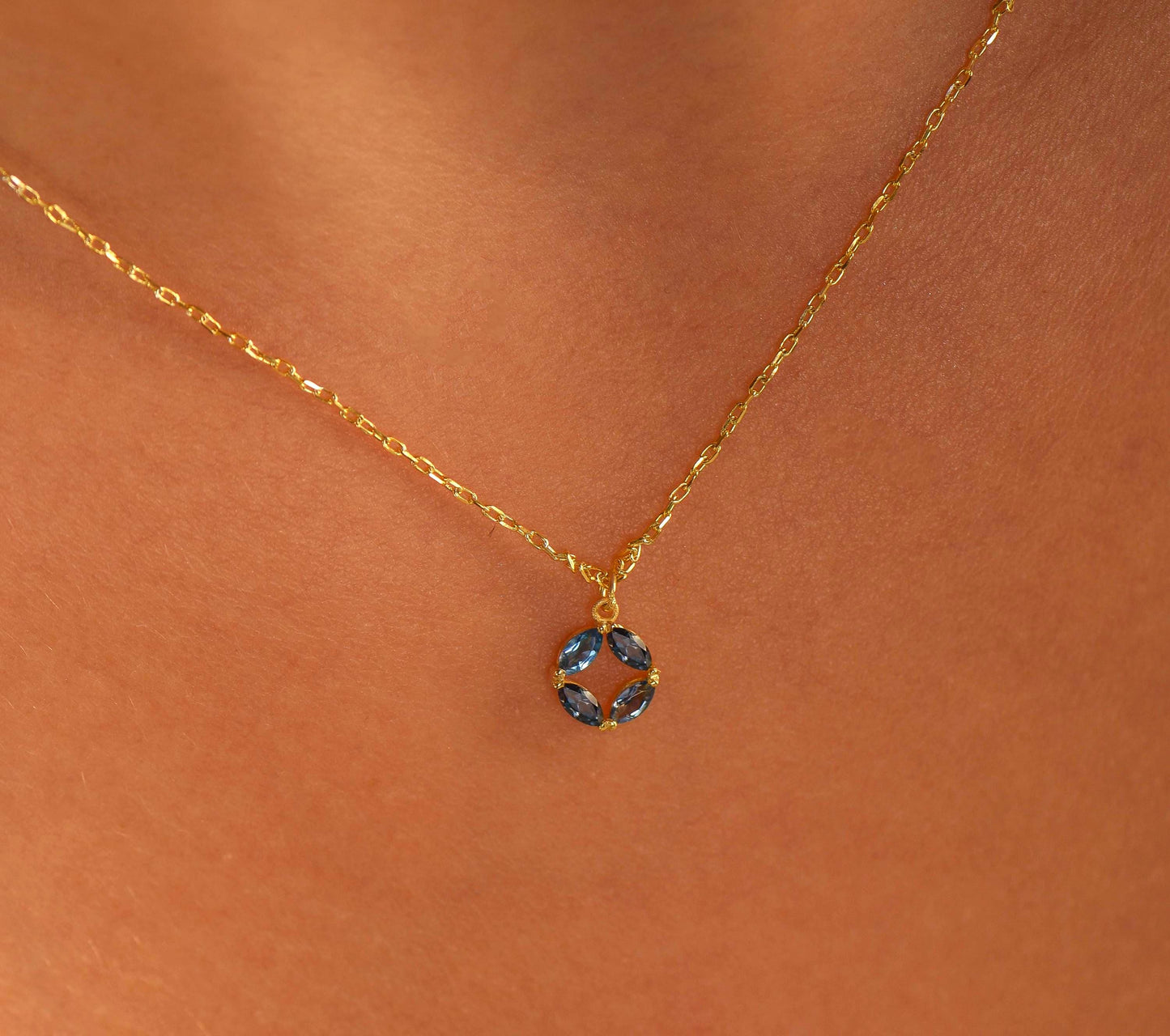 14K Yellow Gold London Blue Topaz Circle Necklace - Marquise Cut Gemstone Pendant for Her