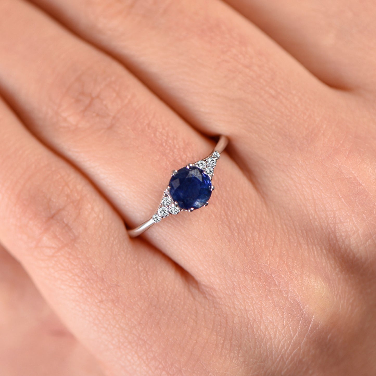 Natural Sapphire and Diamond Ring in 14k White Gold – Classic Blue Engagement or Mother’s Day Gift