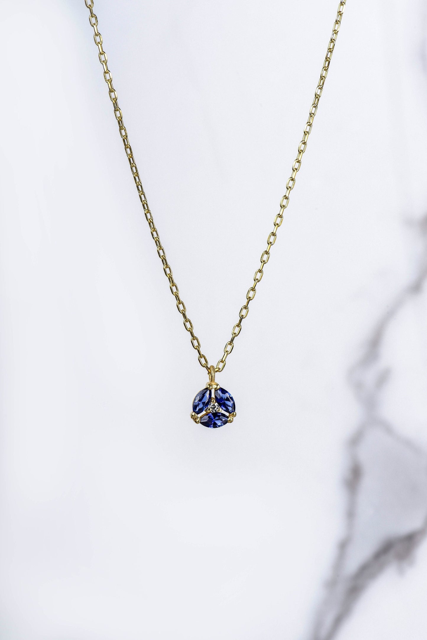 14K Yellow Gold Sapphire and Diamond Necklace - Marquise Cut Blue Gemstone Pendant for Her