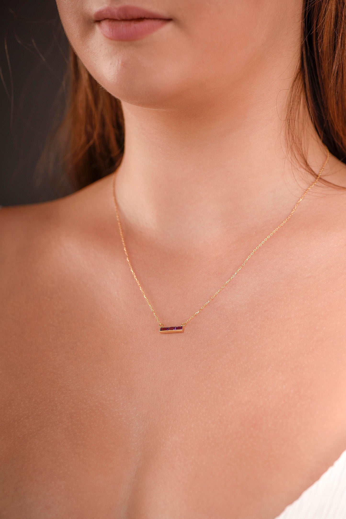 14K Yellow Gold Baguette Amethyst Bar Necklace - Dainty Purple Gemstone Pendant for Her