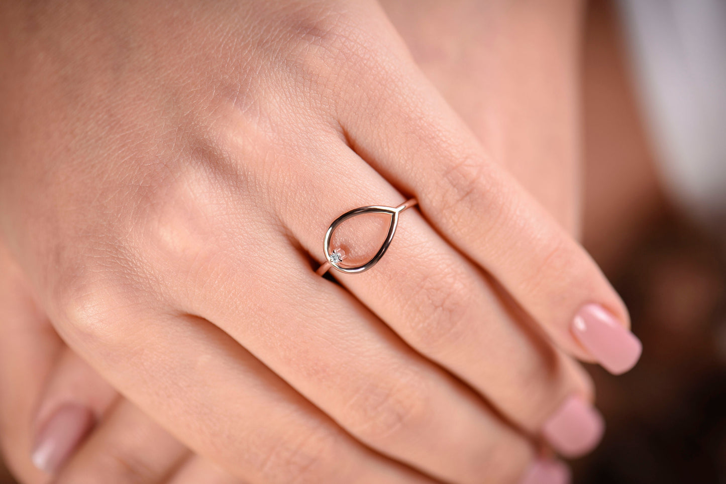 14K Solid Gold Teardrop Ring with Diamond – Minimalist Handmade Dainty Ring