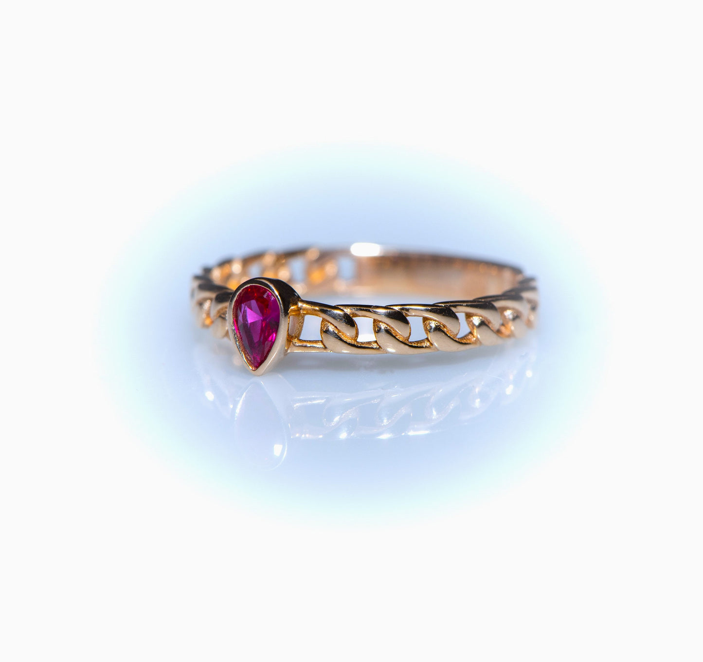 Chain Band Ruby Ring – 14K Gold Pear Cut Ruby | Statement Ring for Her | Mother’s Day Gift | Made to Order
