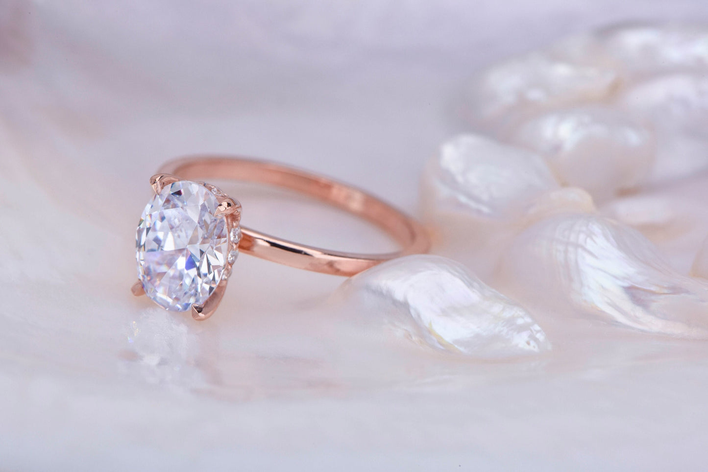 Oval Moissanite Engagement Ring – 2.00ct, 14K Rose Gold, Handmade Solitaire Ring with Accent Stones