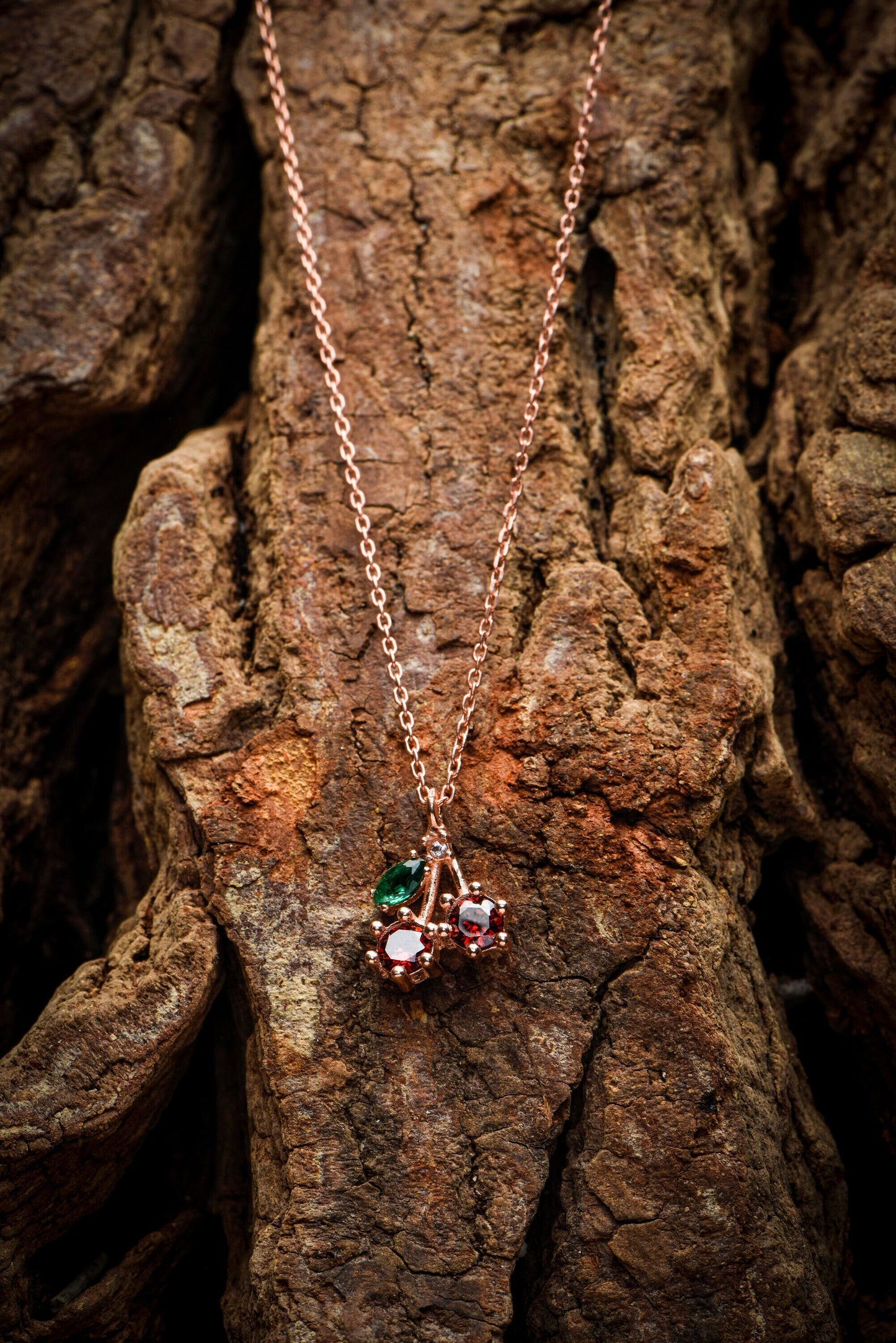 14K Rose Gold Cherry Necklace - Garnet, Emerald, and Diamond Pendant, Dainty Fine Jewelry Gift