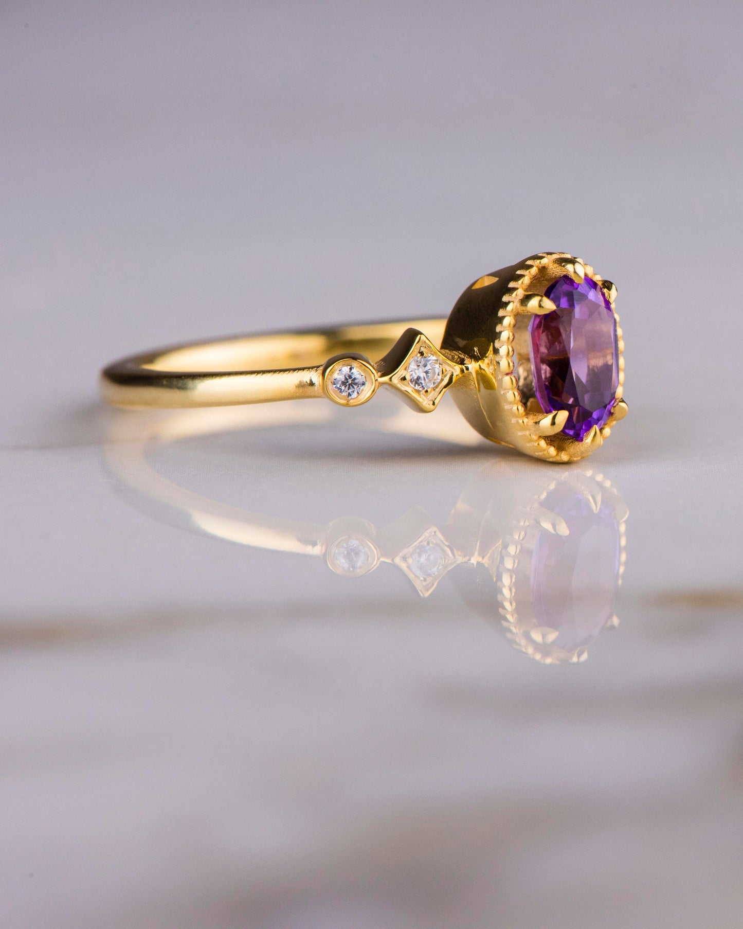 Oval Amethyst and Diamond Ring in 14k Gold – February Birthstone Engagement or Mother’s Day Gift