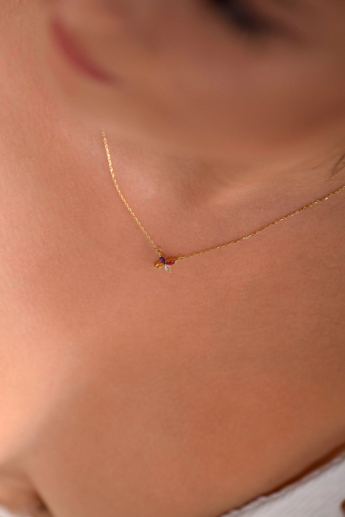 14K Yellow Gold Multicolor Gemstone Flower Necklace - Marquise Cut Pendant Gift for Her