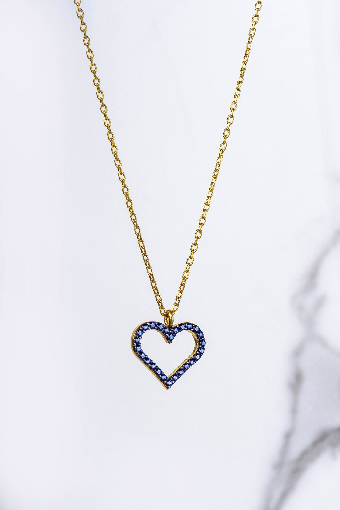 Sapphire Heart Necklace in 14K or 8K Gold - Blue Gemstone Pendant Gift for Her