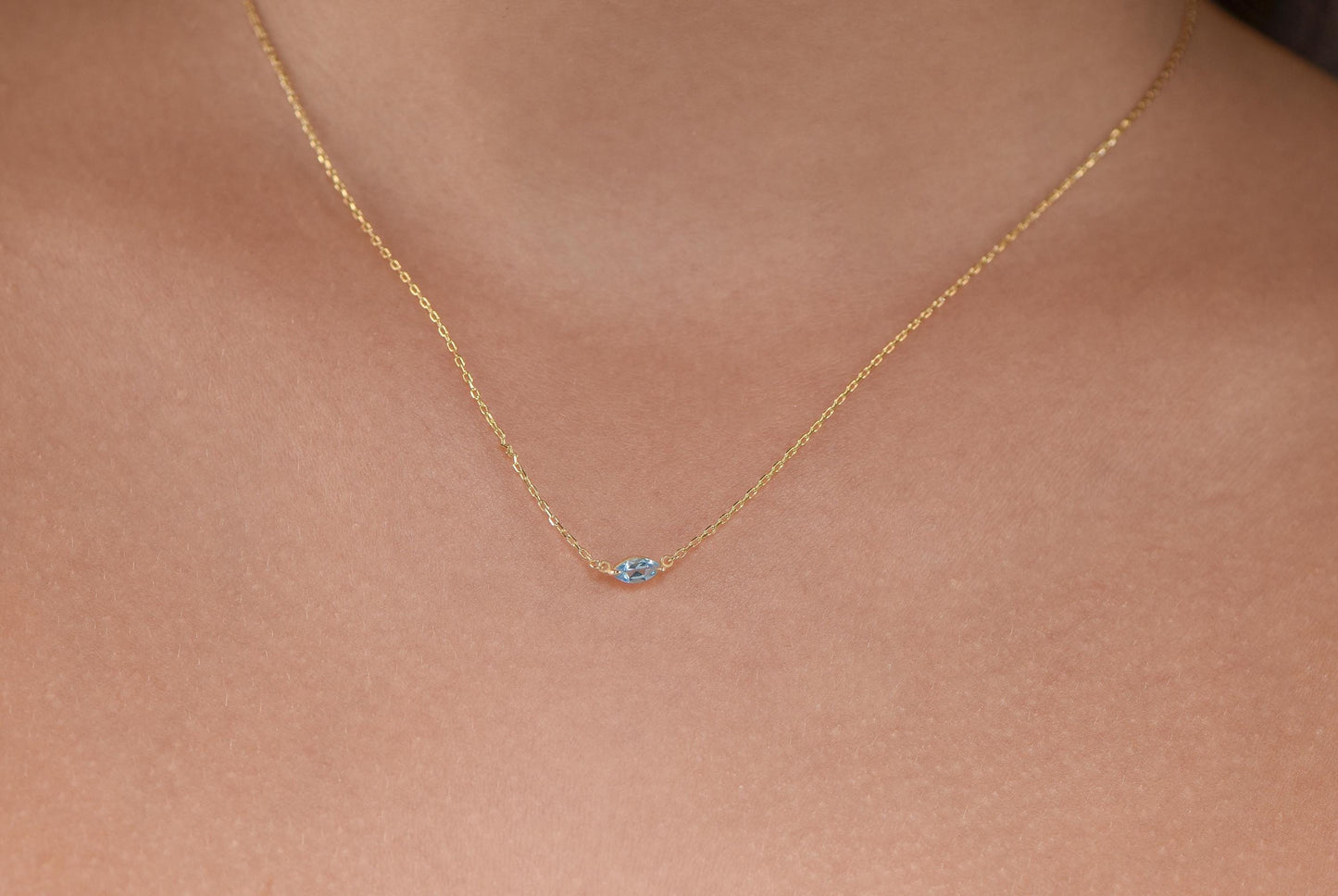 14K Yellow Gold Marquise Aquamarine Necklace - Dainty Blue Gemstone Pendant for Her