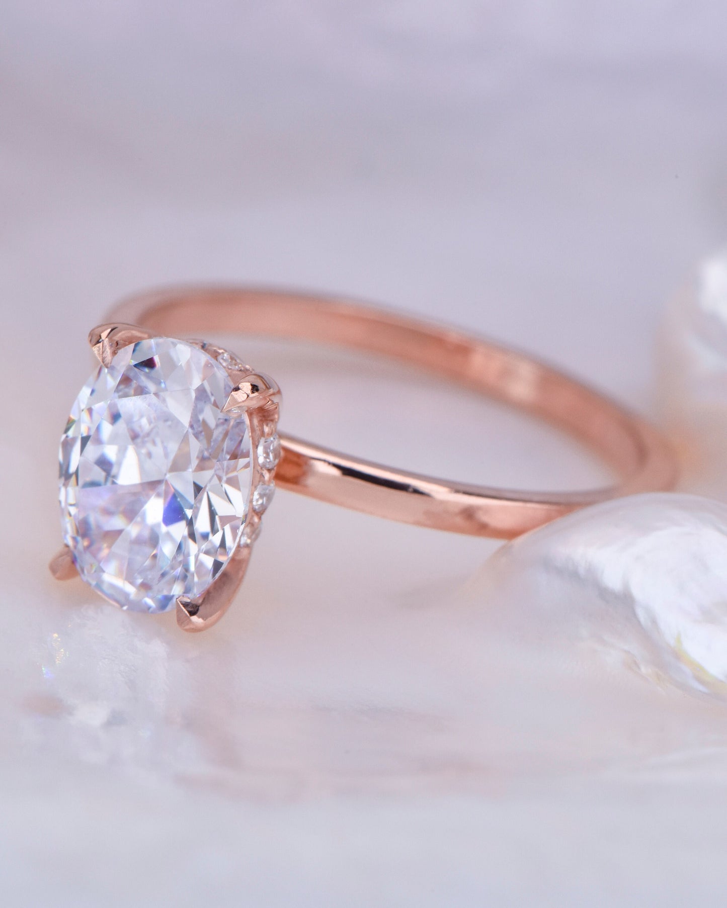 Oval Moissanite Engagement Ring – 2.00ct, 14K Rose Gold, Handmade Solitaire Ring with Accent Stones