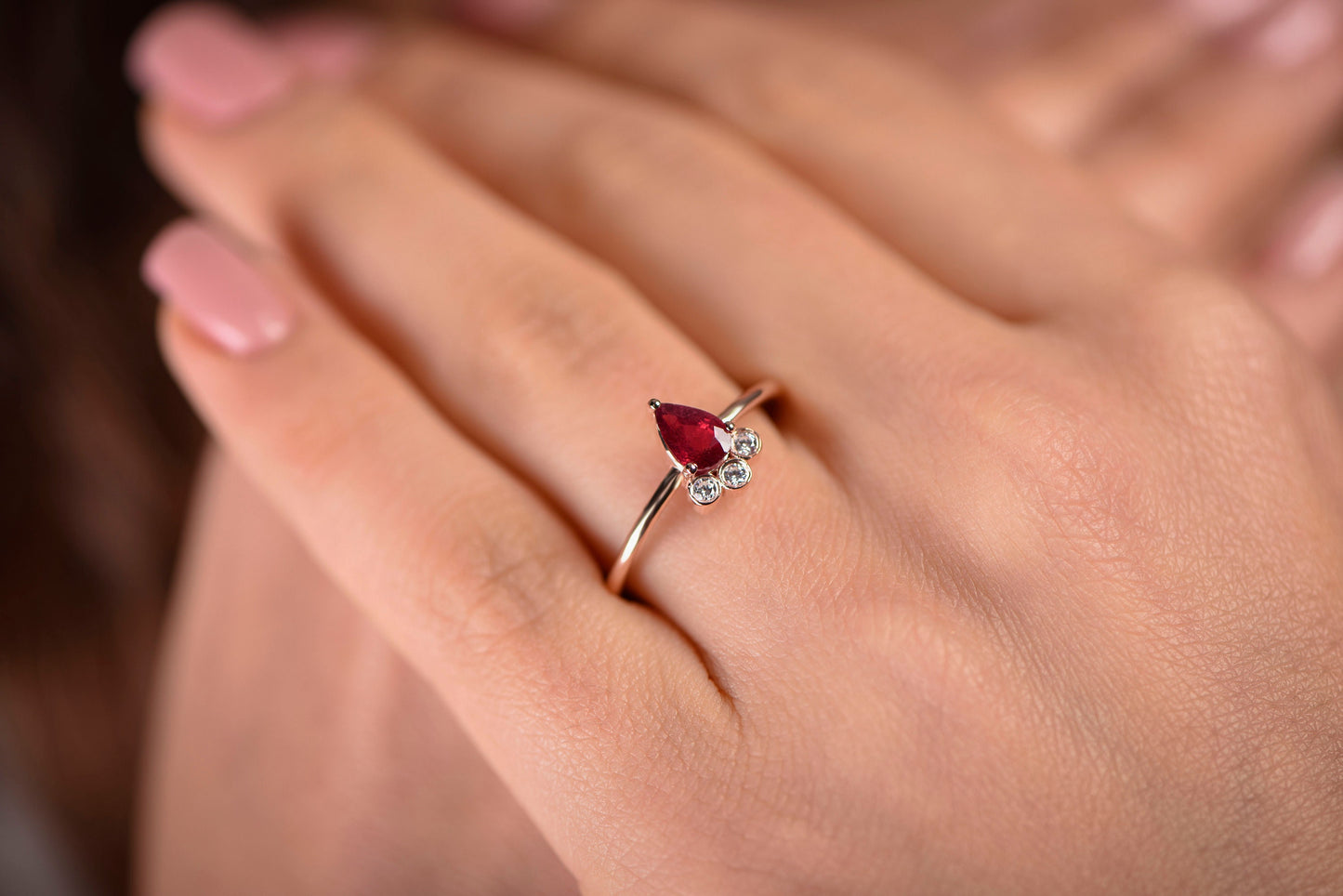 Pear Cut Ruby Ring – 14K Solid Gold | Minimal Gemstone Ring | Mother’s Day Gift | Handmade Diamond Accent Ring