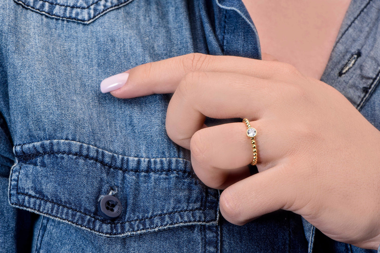 14K Gold Minimal Beaded Ring with 0.10ct Diamond – Dainty Solitaire Ball Band Ring