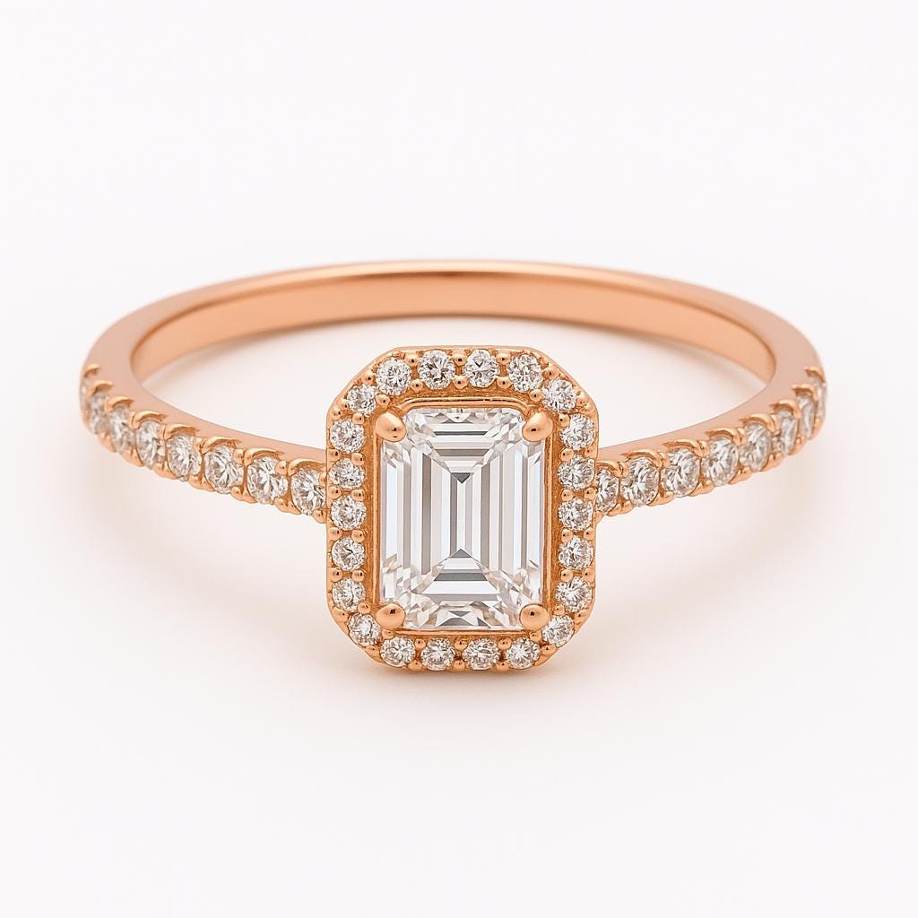 Emerald Cut Moissanite Halo Engagement Ring – 14K White Gold, GIA Certified, Dainty Handmade Ring, Customizable Gemstone Option