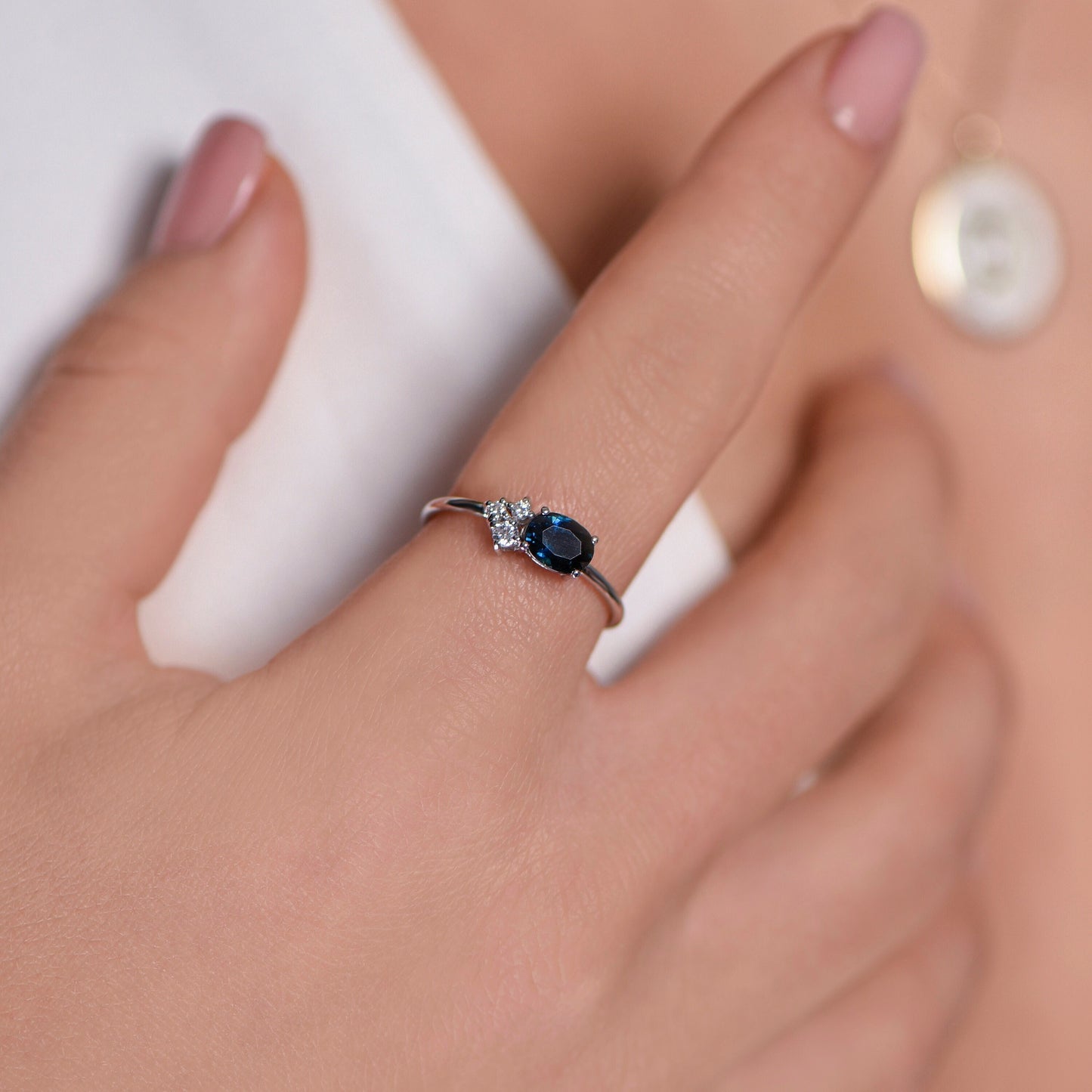 Lab Created Sapphire and Diamond Ring in 14k White Gold – Modern Minimalist Engagement or Gift Ring