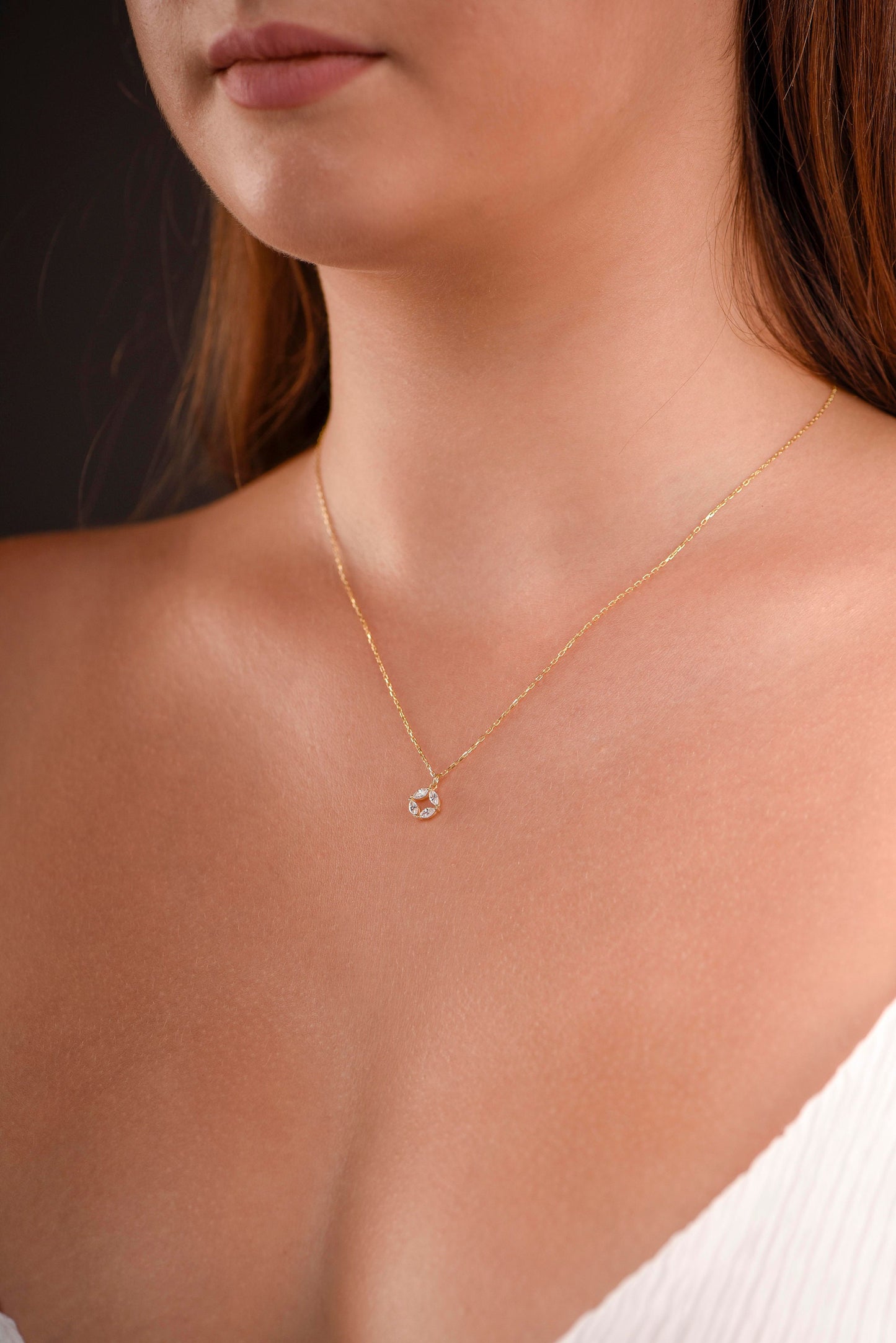14K Yellow Gold White Sapphire Circle Necklace - Marquise Cut Gemstone Pendant for Women