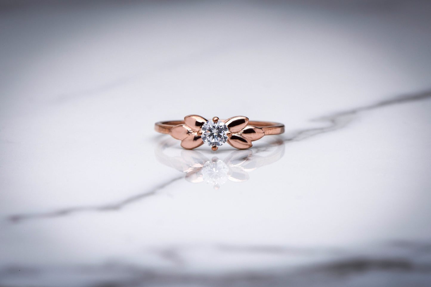 14K Solid Gold Elegant Diamond Rose Gold Solitaire Ring with Leaf Inspired Design,Perfect for Engagements, Gift For Mom