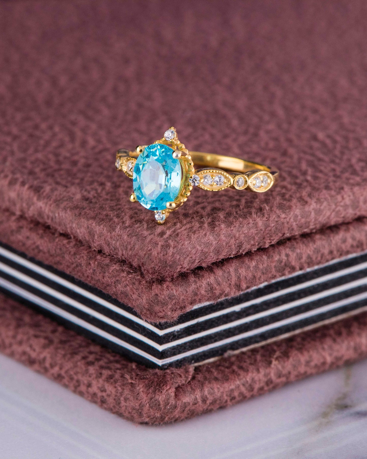 Oval Aquamarine and Diamond Ring in 14k Gold – Vintage Style Engagement or Mother’s Day Ring for Her