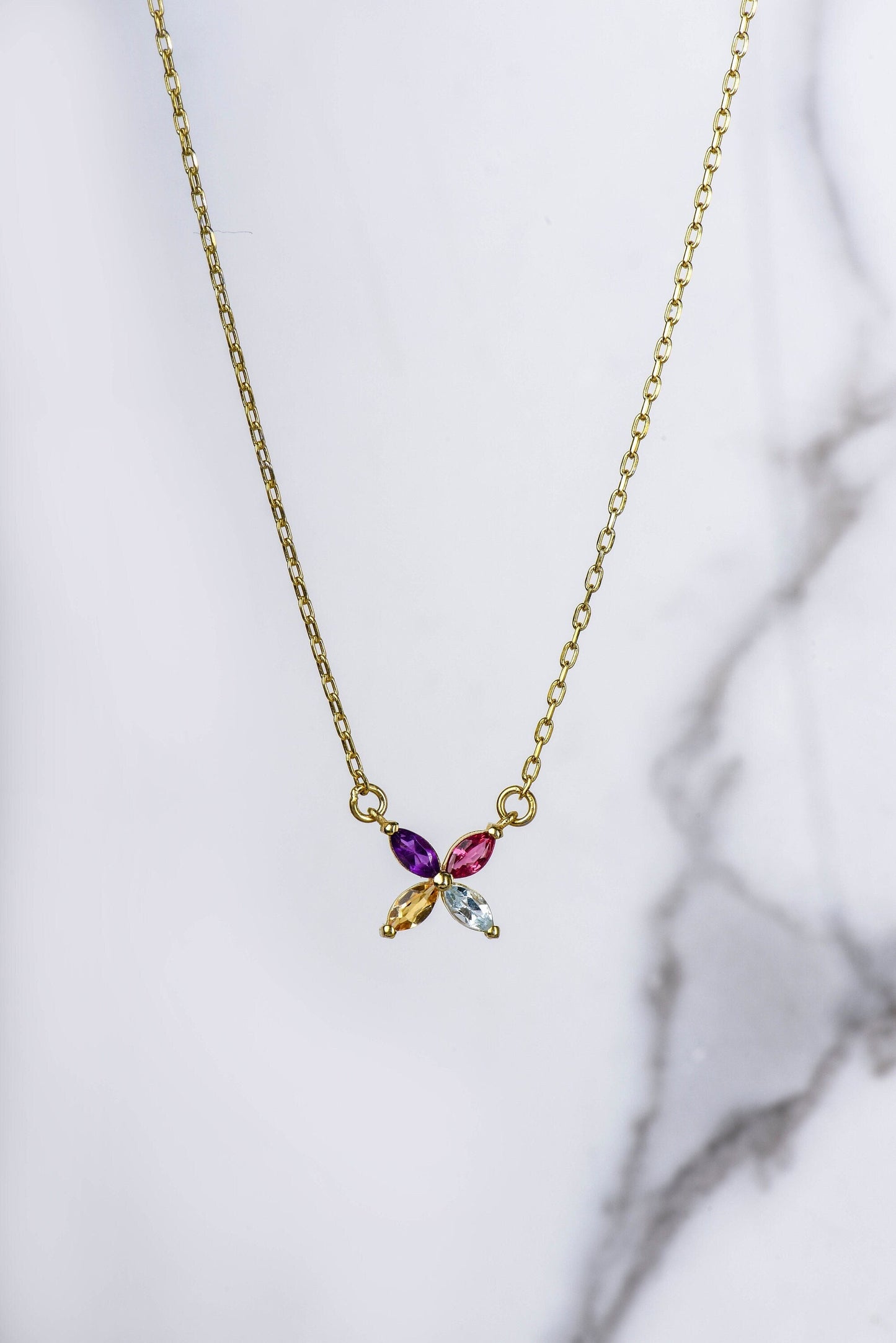 14K Yellow Gold Multicolor Gemstone Flower Necklace - Marquise Cut Pendant Gift for Her
