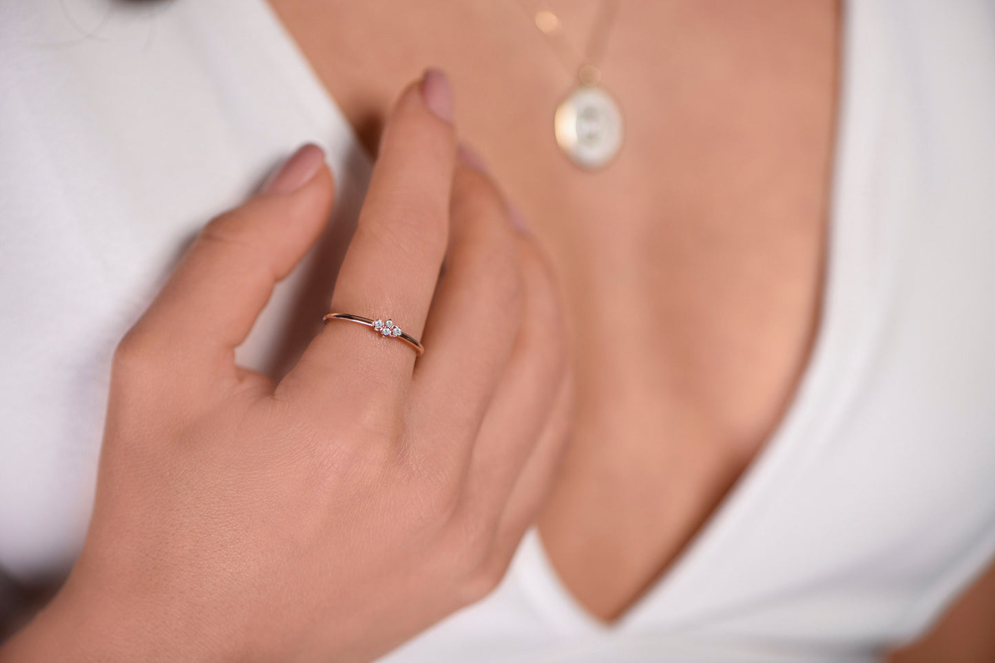 14K Rose Gold Minimalist Diamond Ring, Dainty Thin Band with Four Round Cut Diamonds, Everyday Fine Jewelry for Her