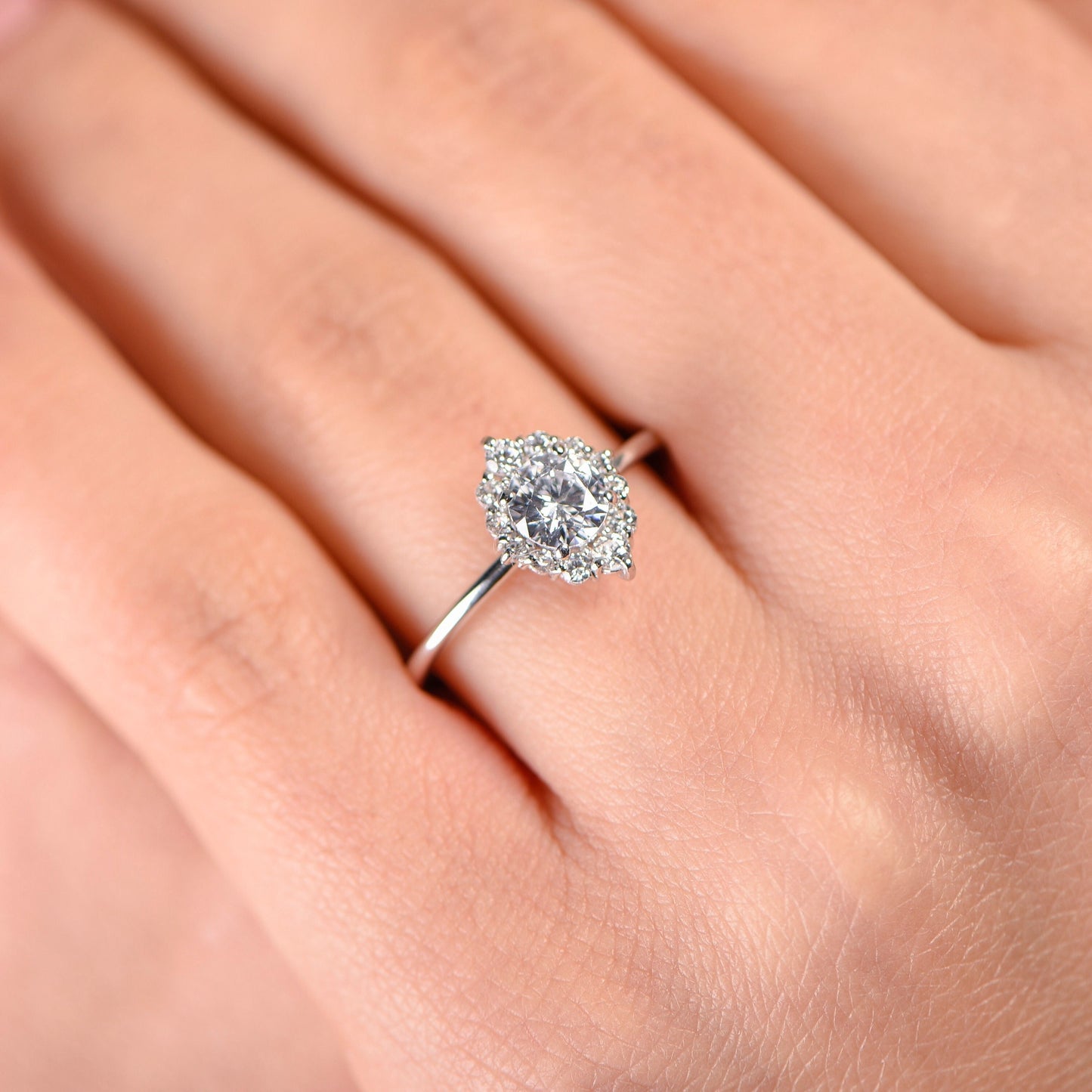 Halo Diamond Engagement Ring – 14K White Gold, 1.10ct, Customizable Stone, Handmade Dainty Ring
