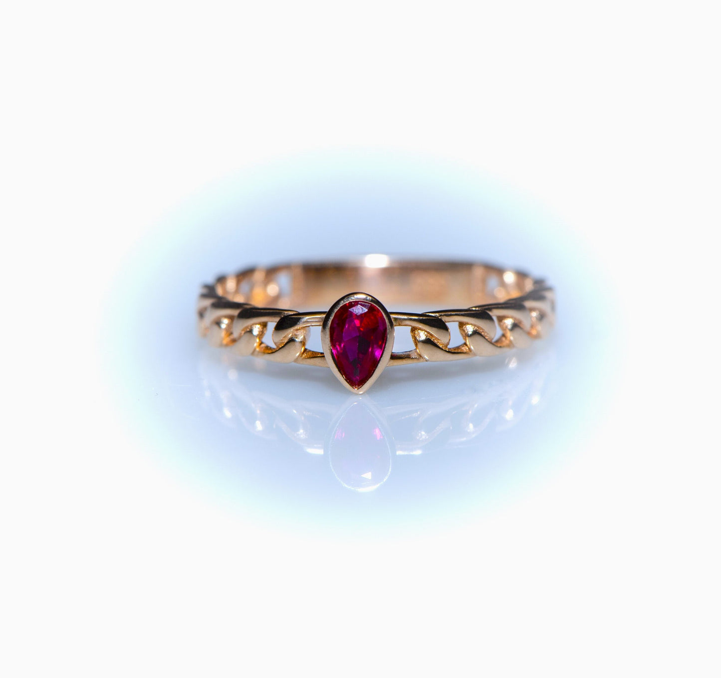 Chain Band Ruby Ring – 14K Gold Pear Cut Ruby | Statement Ring for Her | Mother’s Day Gift | Made to Order