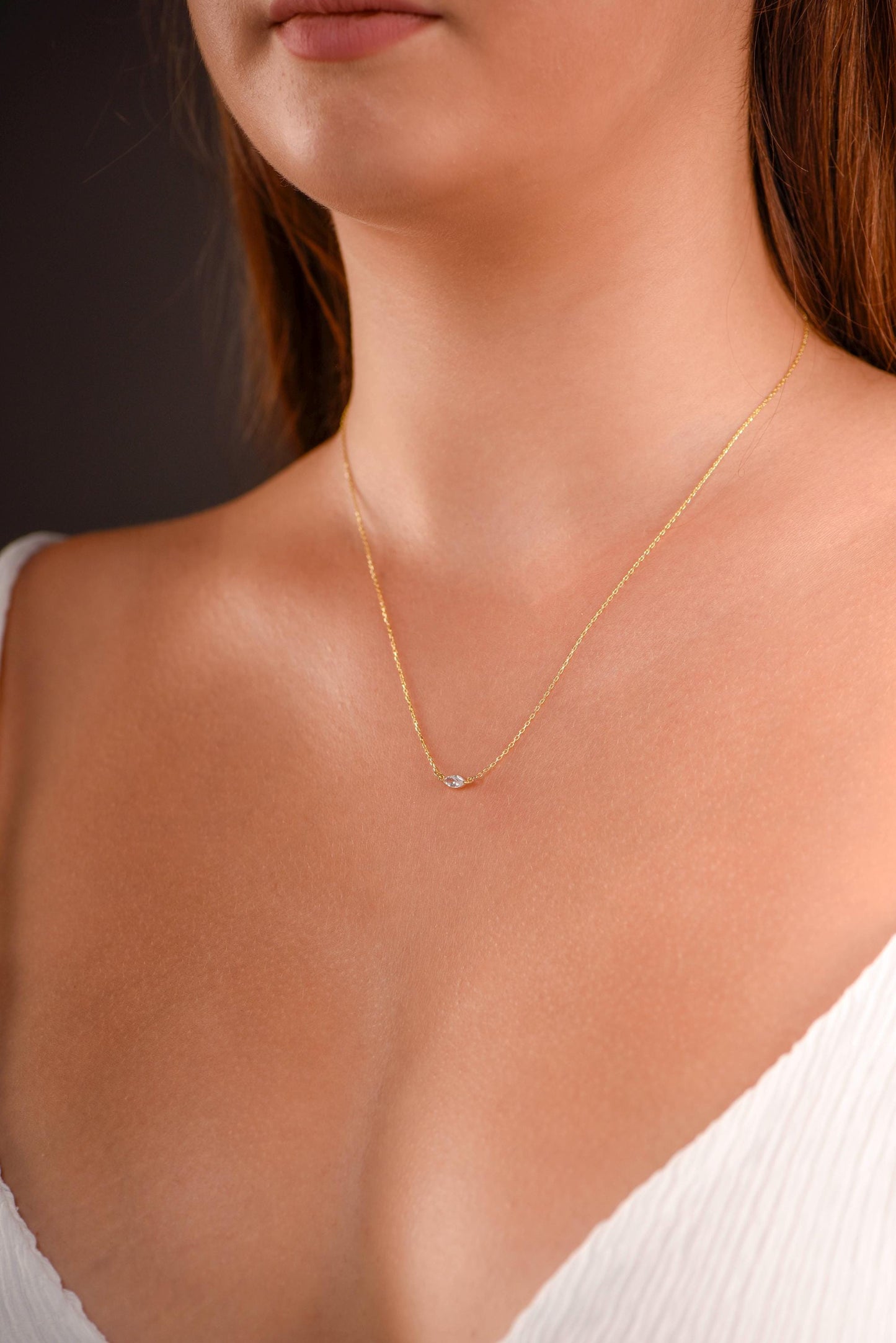 14K Gold Marquise Gemstone Necklace – Dainty Bezel Set Necklace in Yellow, White or Rose Gold