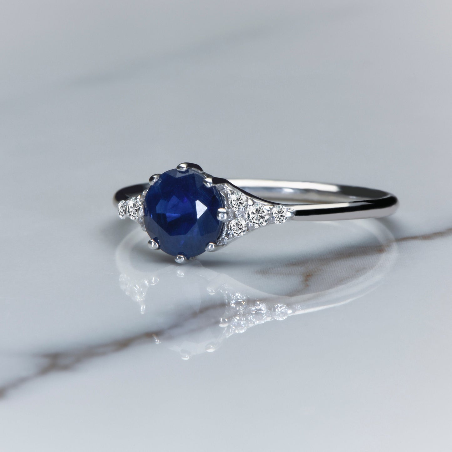 Natural Sapphire and Diamond Ring in 14k White Gold – Classic Blue Engagement or Mother’s Day Gift