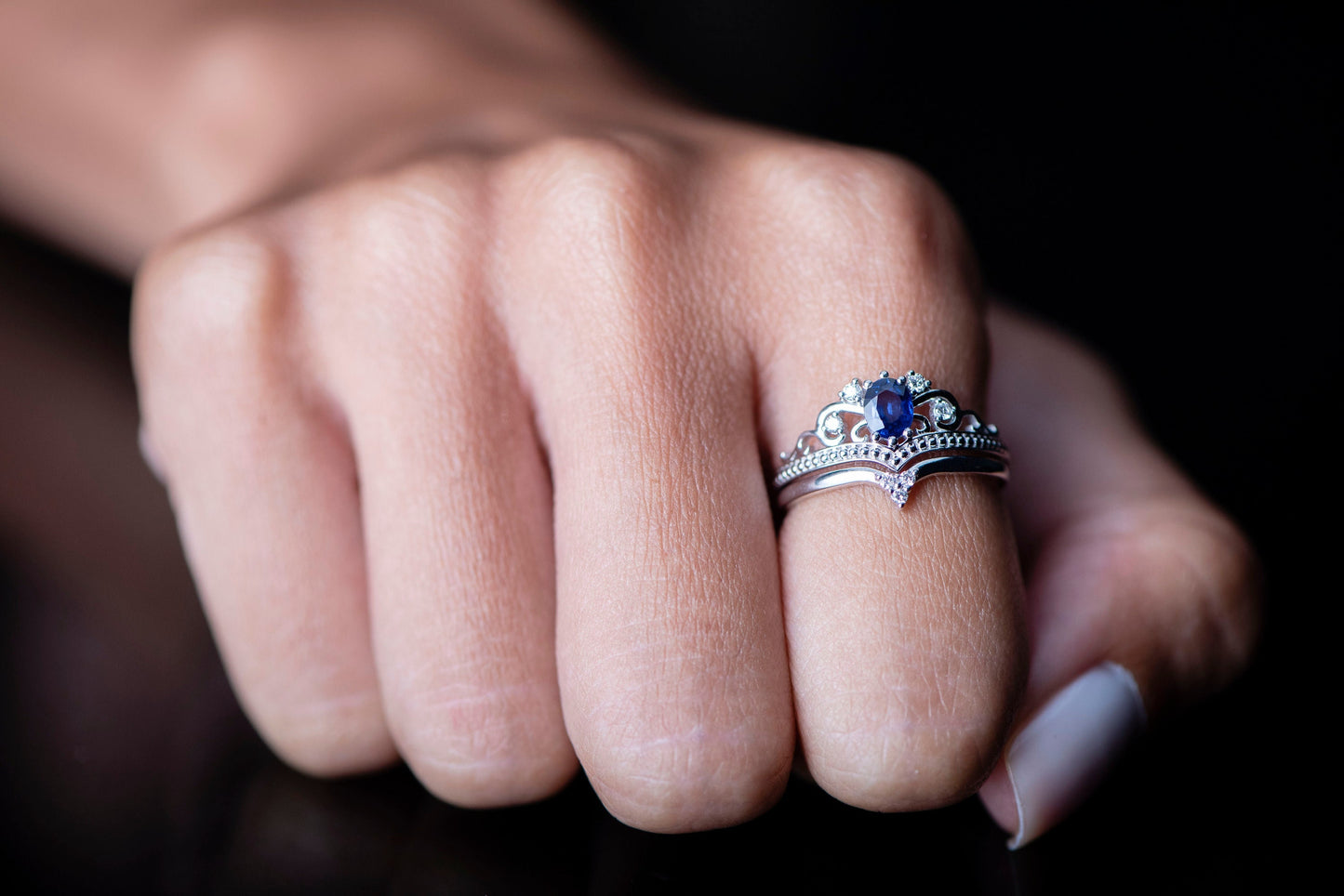 Royal Sapphire and Diamond Tiara Ring in 14k Gold – Princess Crown Engagement or Wedding Ring