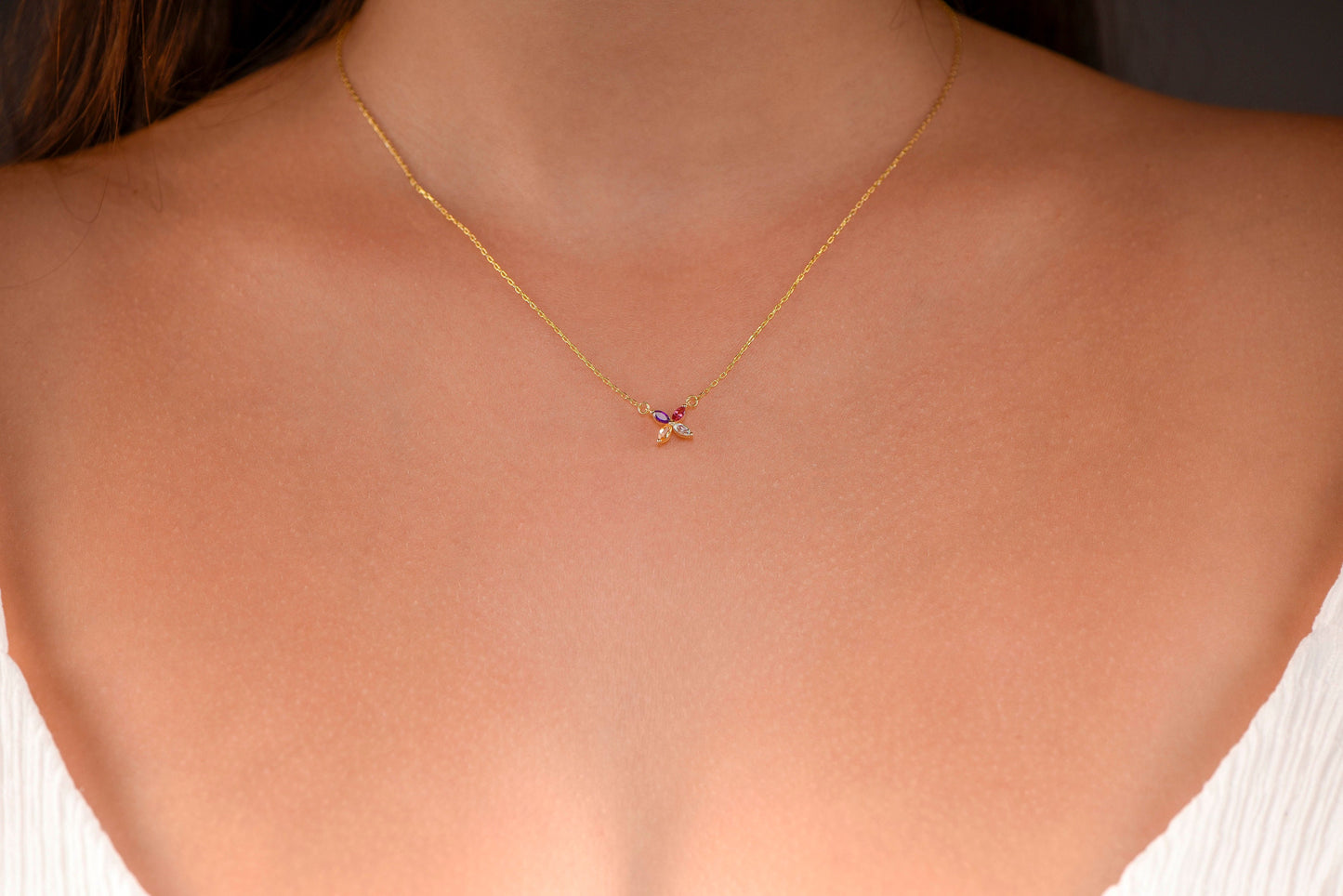 14K Yellow Gold Multicolor Gemstone Flower Necklace - Marquise Cut Pendant Gift for Her