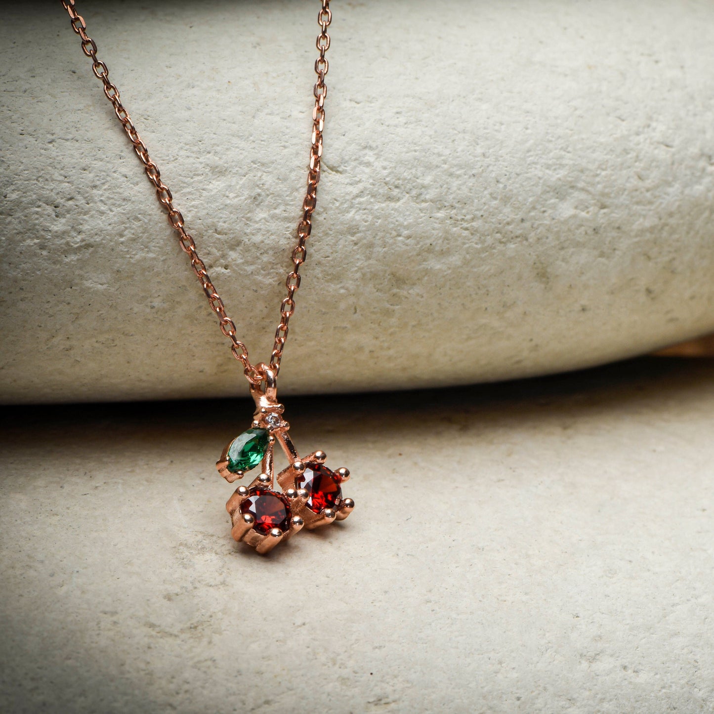 14K Rose Gold Cherry Necklace - Garnet, Emerald, and Diamond Pendant, Dainty Fine Jewelry Gift