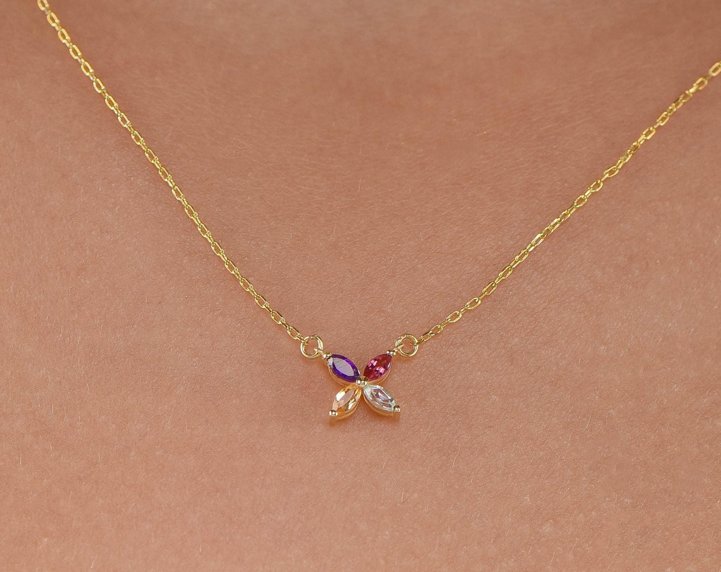 14K Yellow Gold Multicolor Gemstone Flower Necklace - Marquise Cut Pendant Gift for Her