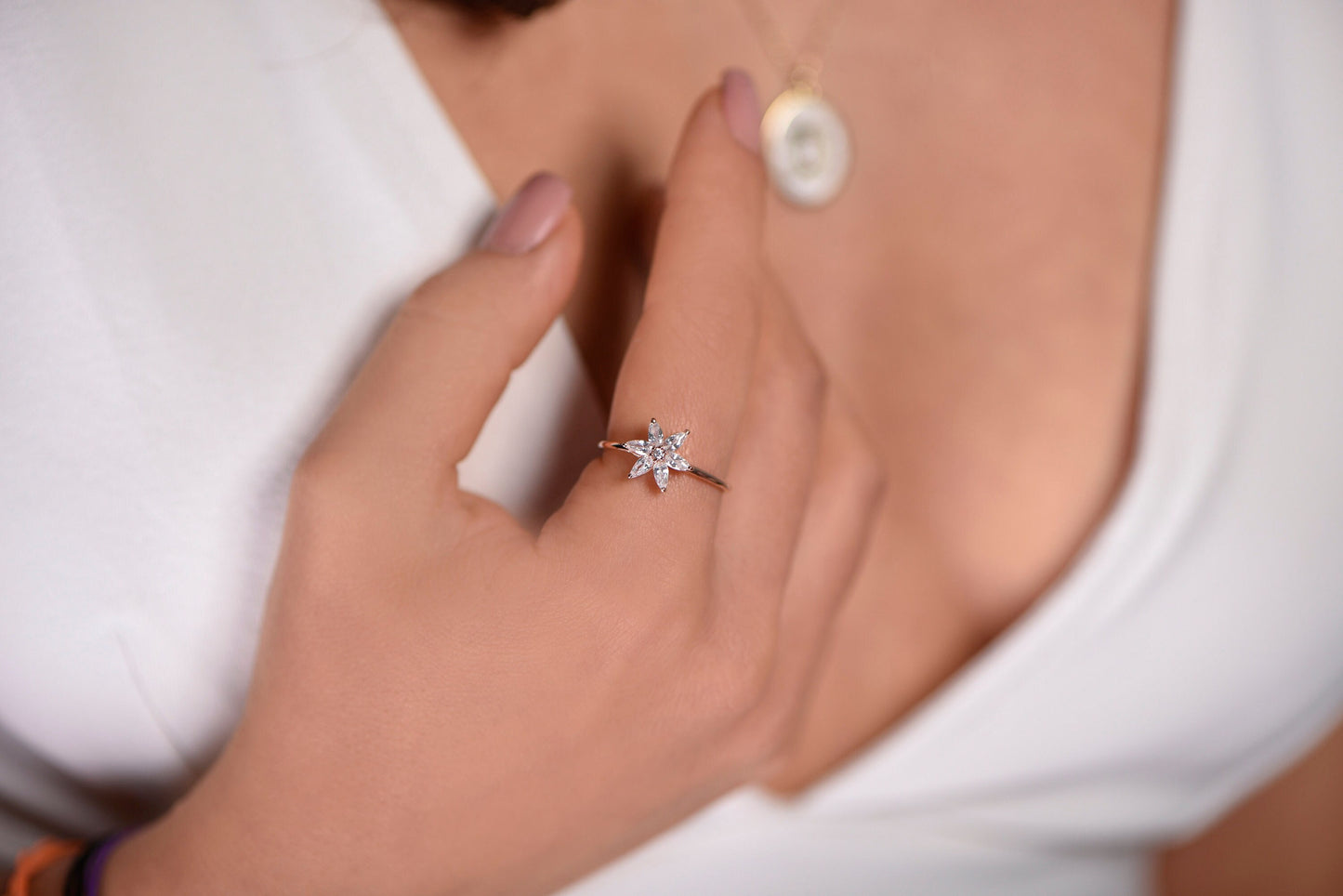 Marquise Diamond Flower Ring – 14K Rose Gold, Dainty Everyday Ring, Natural Diamond Gift, Customizable Floral Design