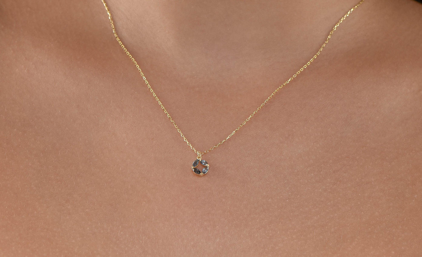 14K Yellow Gold London Blue Topaz Circle Necklace - Marquise Cut Gemstone Pendant for Her