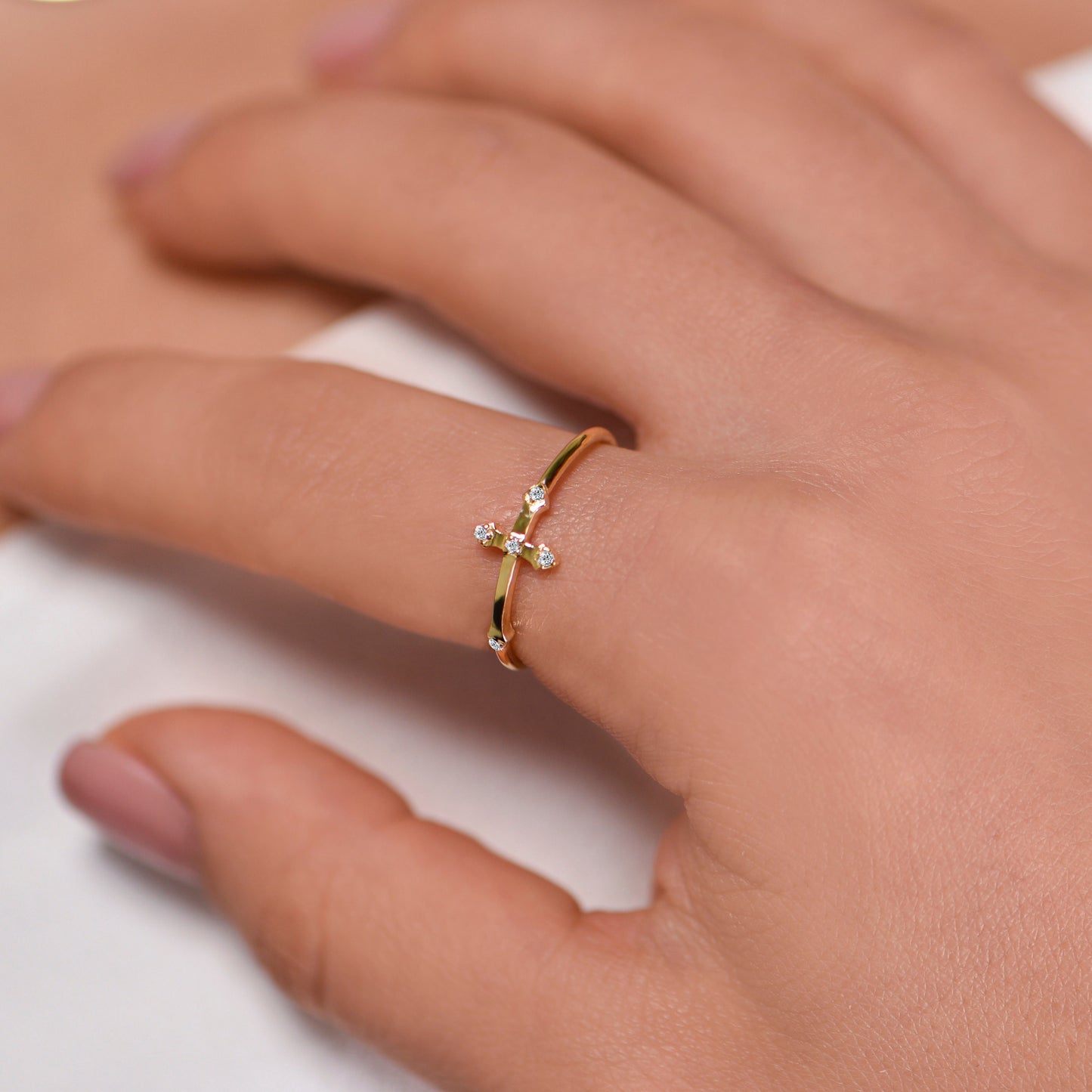 Solid 14K Gold Cross Ring – Minimalist Diamond Cross Ring, Christian Fine Jewelry