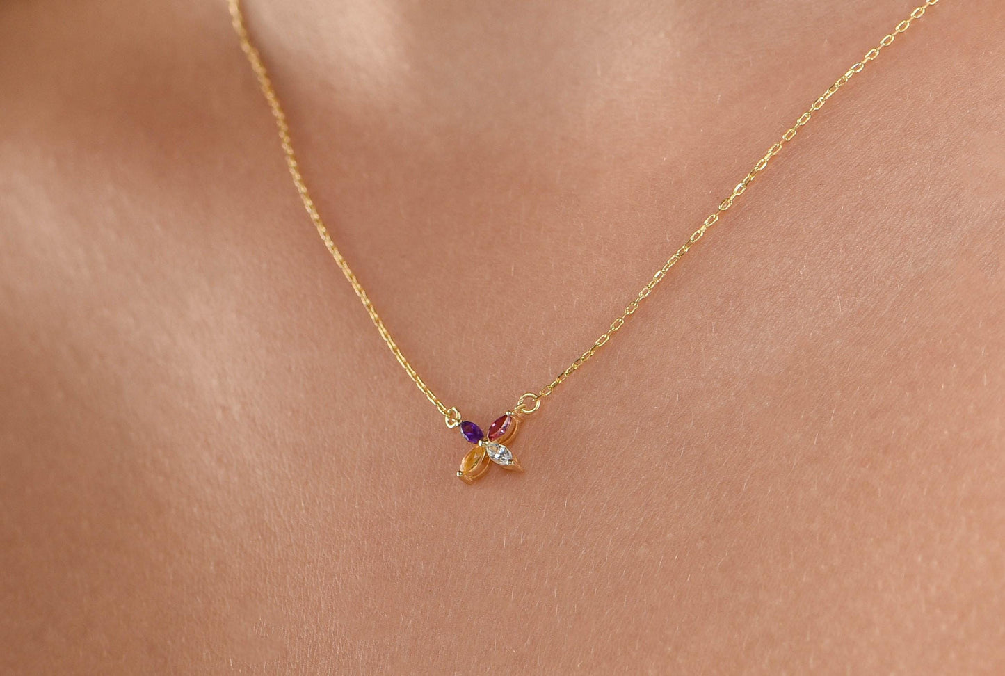 14K Yellow Gold Multicolor Gemstone Flower Necklace - Marquise Cut Pendant Gift for Her