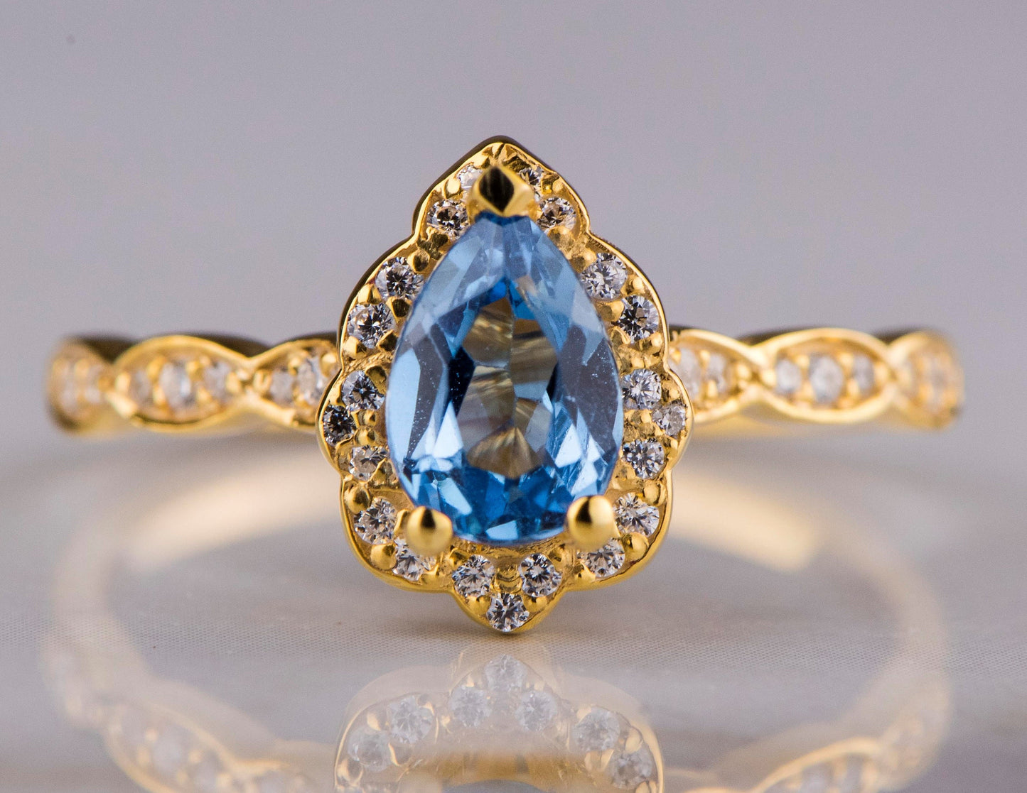 Pear Cut Blue Topaz and Diamond Ring in 14k Gold – Vintage Engagement or Mother’s Day Gift for Her