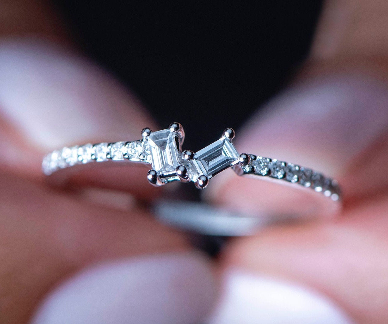 14K White Gold Baguette Diamond Ring with Round Accents, Dainty Thin Band Engagement or Gift Ring for Her