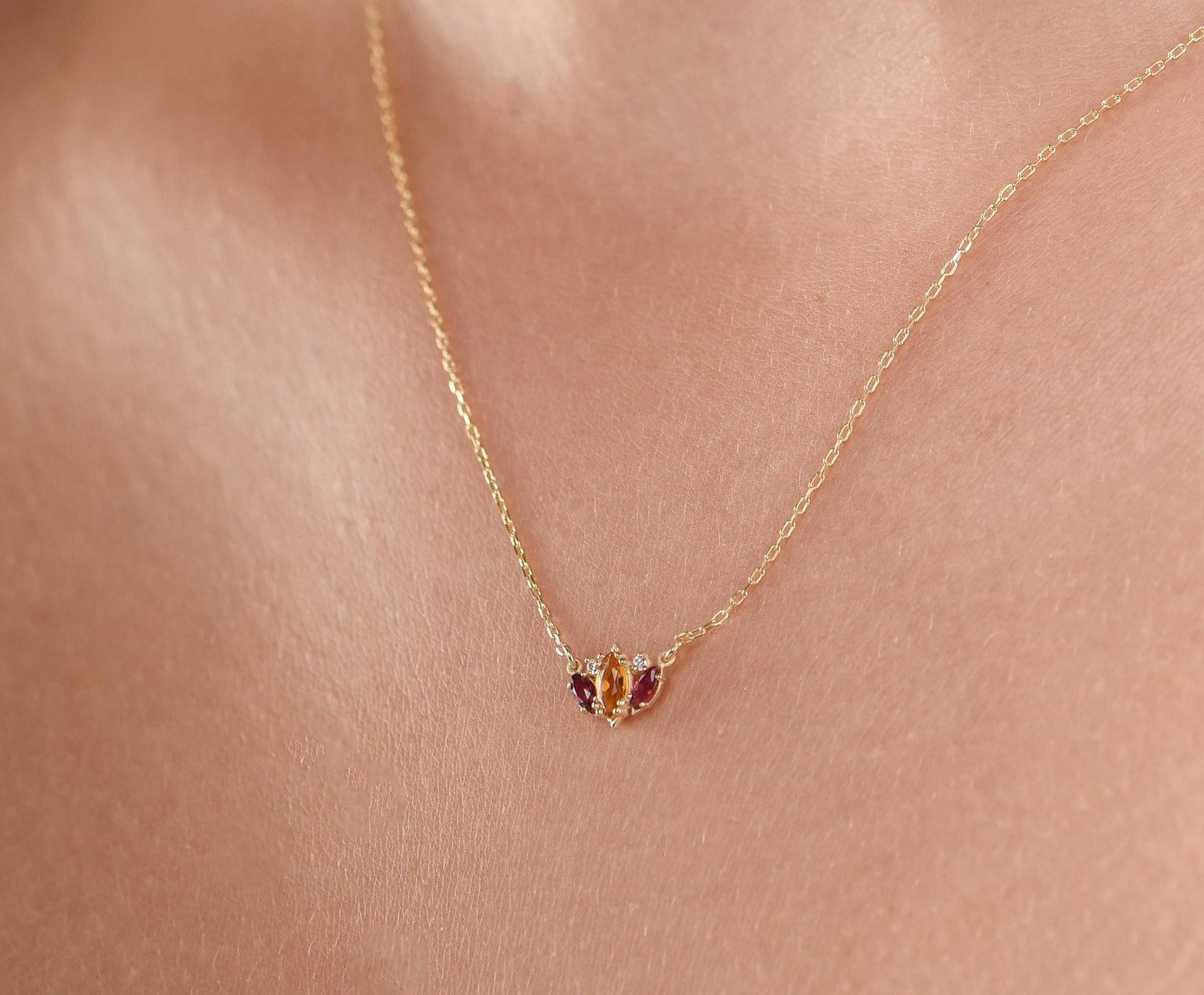 14K Yellow Gold Citrine and Garnet Necklace with Diamonds - Marquise Cut Gemstone Pendant for Her