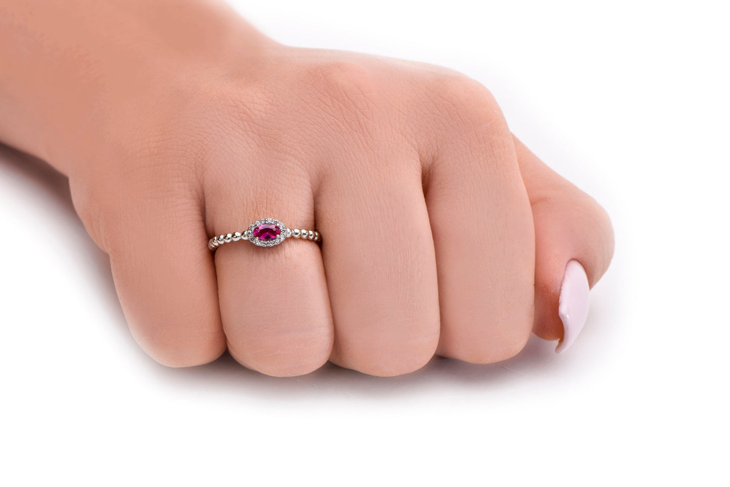 Oval Cut Pink Gemstone Halo Ring – 14K White Gold Beaded Band with Diamonds | Handmade Elegant Mother’s Day Gift