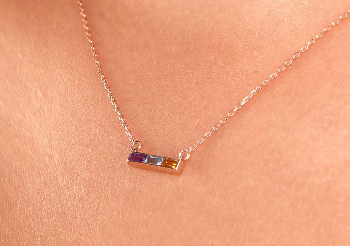 14K Yellow Gold Baguette Amethyst, Aquamarine, Citrine Necklace - Modern Triple Gemstone Bar Pendant