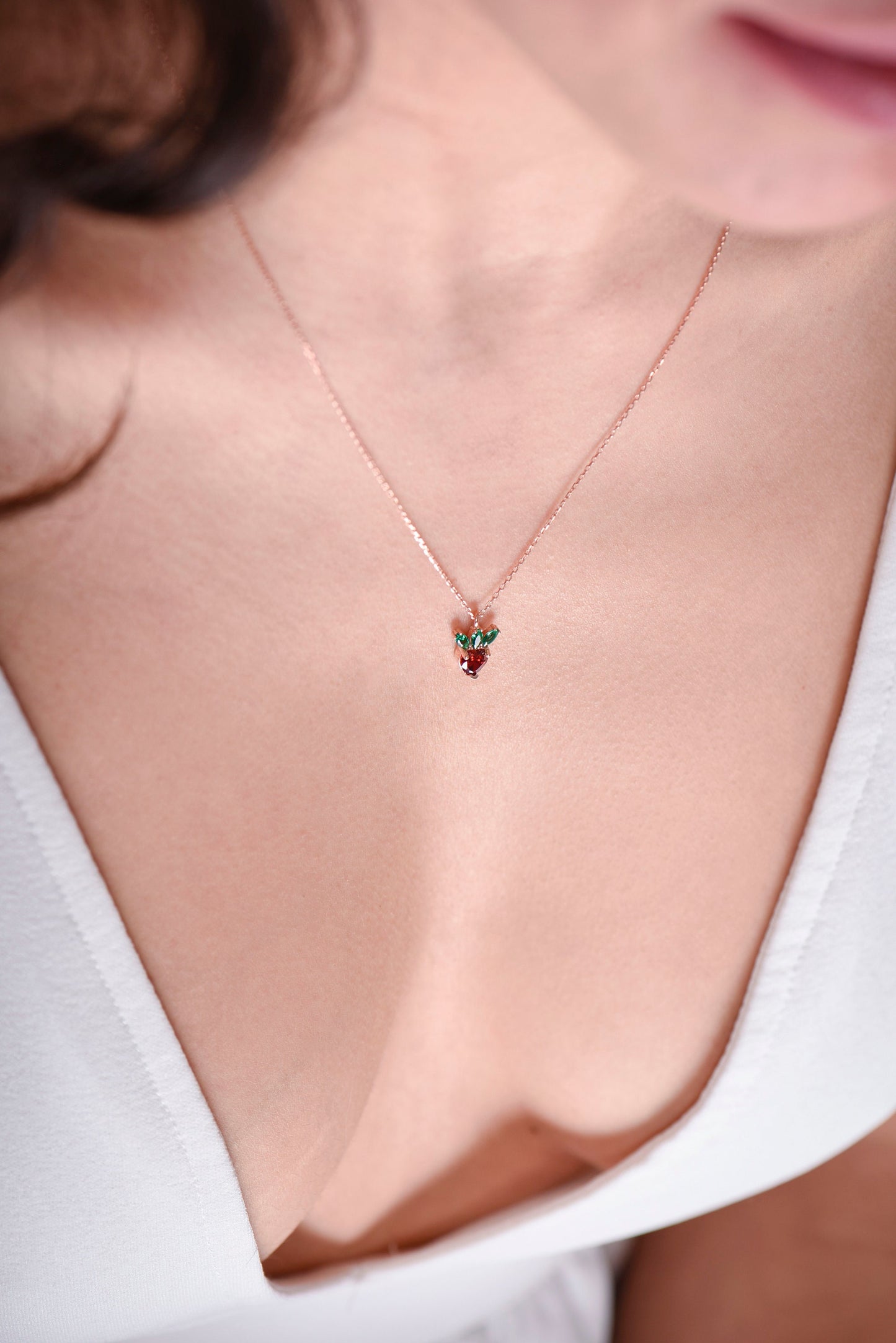 14K Gold Strawberry Pendant Necklace - Heart Cut Garnet and Emerald Marquise Gemstones, Cute Fine Jewelry Gift