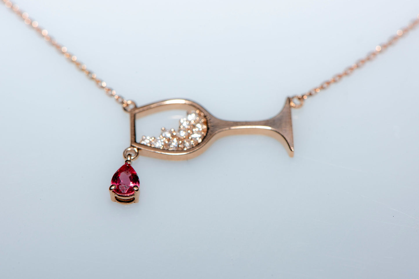 Wine Glass Necklace,Elegant Solid Gold Wine Glass Ruby Necklace with Diamond Accent,Design Wine Class Necklace, Gift For Mom