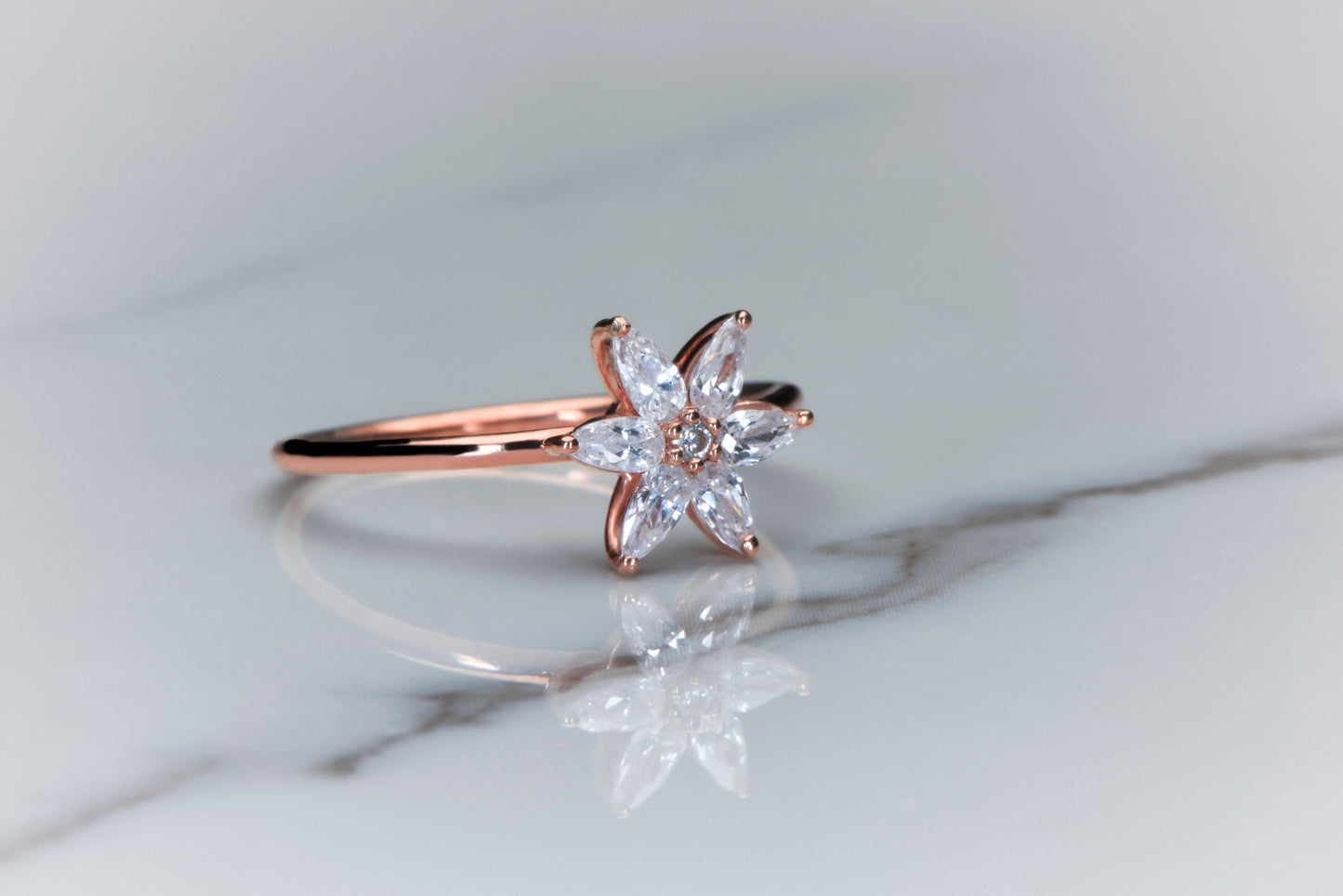 Marquise Diamond Flower Ring – 14K Rose Gold, Dainty Everyday Ring, Natural Diamond Gift, Customizable Floral Design