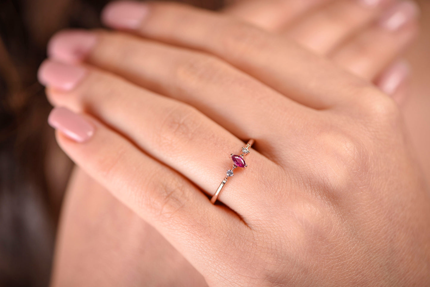 Customizable Ruby Marquise Ring – 8K 14K 18K Gold Minimal Birthstone Jewelry Gift for Her