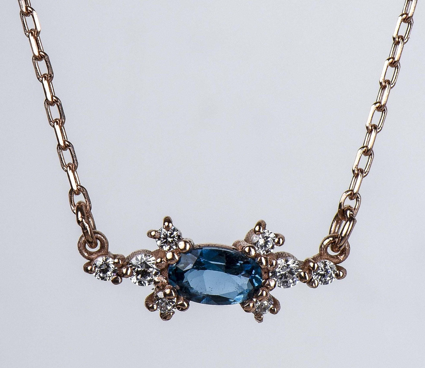 14K Rose Gold London Blue Topaz and Diamond Cluster Necklace - Oval Cut Gemstone Pendant for Her