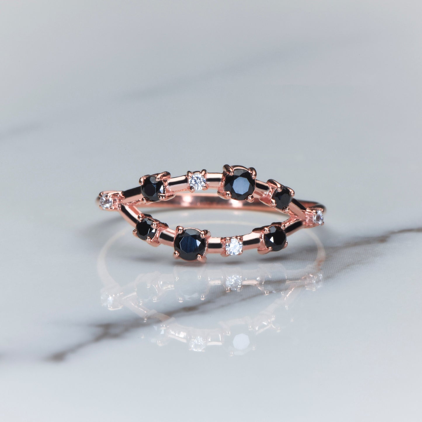 14K Solid Rose Gold Ring with Black and White Diamonds – Unique Modern Stacking Band