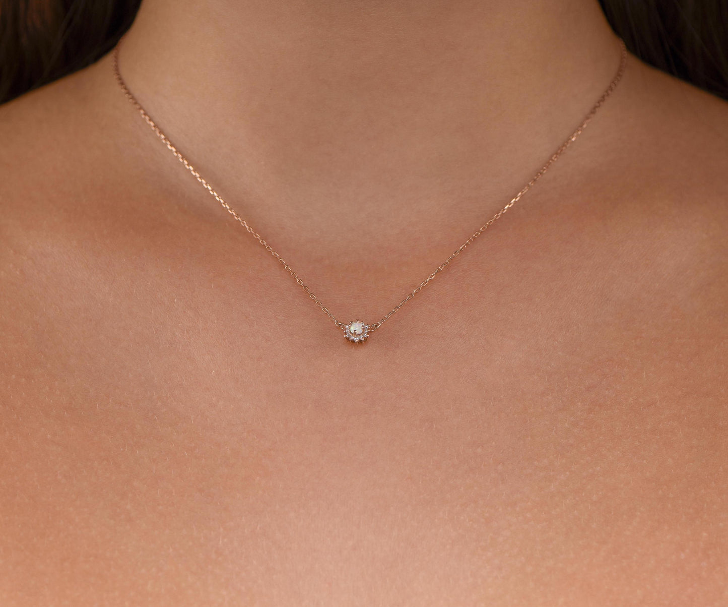 14K Rose Gold Opal and Diamond Halo Necklace - Dainty October Birthstone Pendant Gift for Her